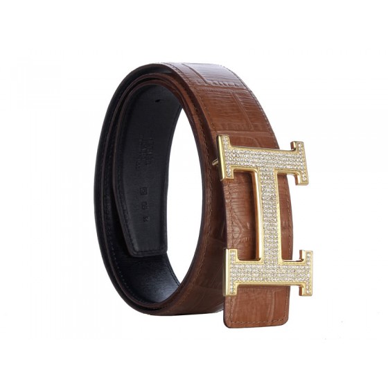 Hermes Crocodile Leather Gold H Buckle Belt With Diamond Brown