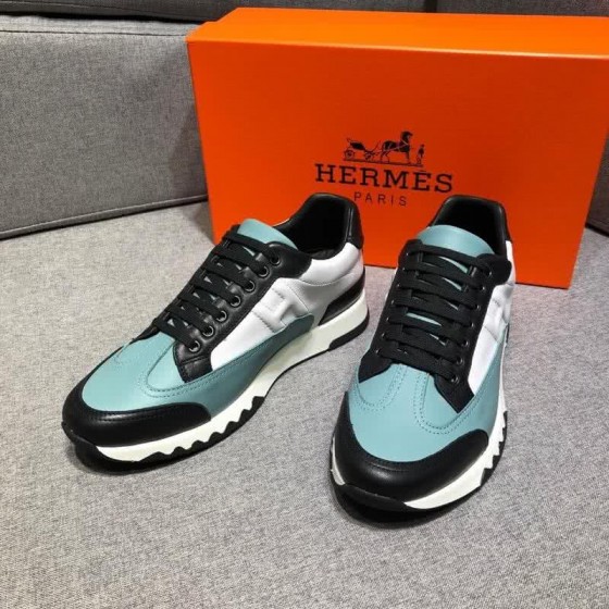 Hermes Fashion Comfortable Sports Shoes Cowhide Blue And White Men