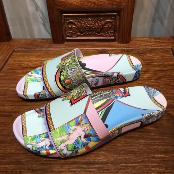 Versace Fashion Slippers Cowhide Pattern White Pink And Blue Men