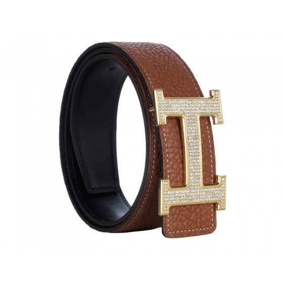Hermes Togo Leather Gold H Buckle Belt With Diamond Mount Brown