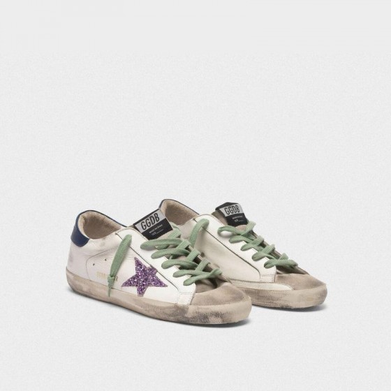 Golden Goose Superstar Sneakers White In Leather With Glittery Star Blue Men Women