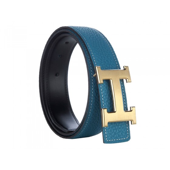Hermes Togo Leather Belt With Gold H Buckle Blue