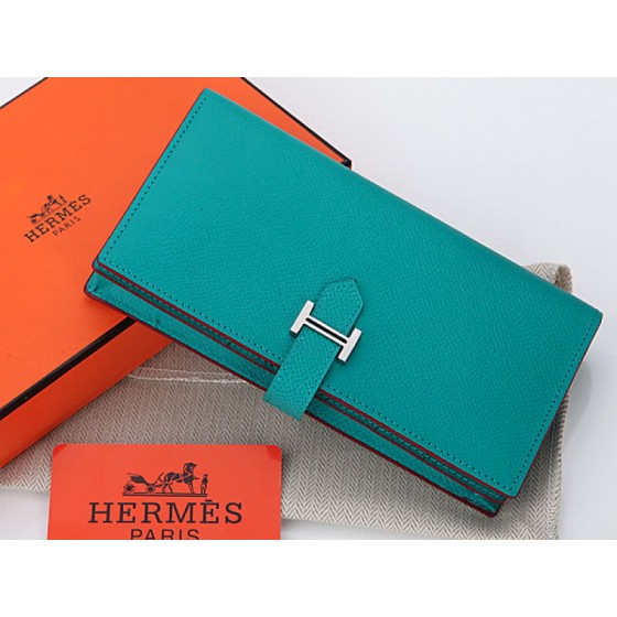 Hermes Epsom Original Calfskin Bearn Japonaise Bi-Fold Wallet Turquoise