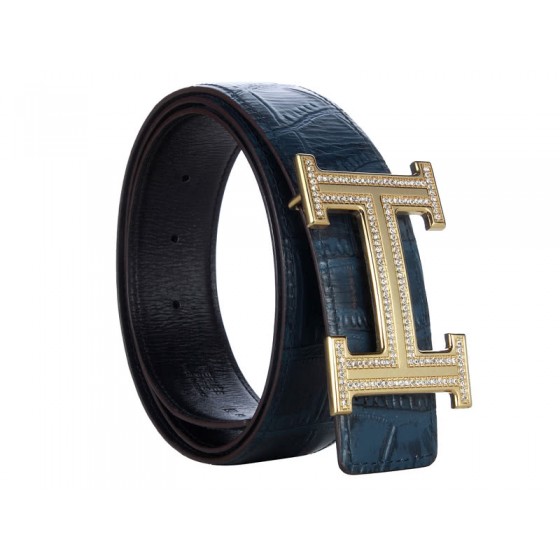 Hermes Crocodile Leather Gold H Buckle Belt With Diamond Dark Blue