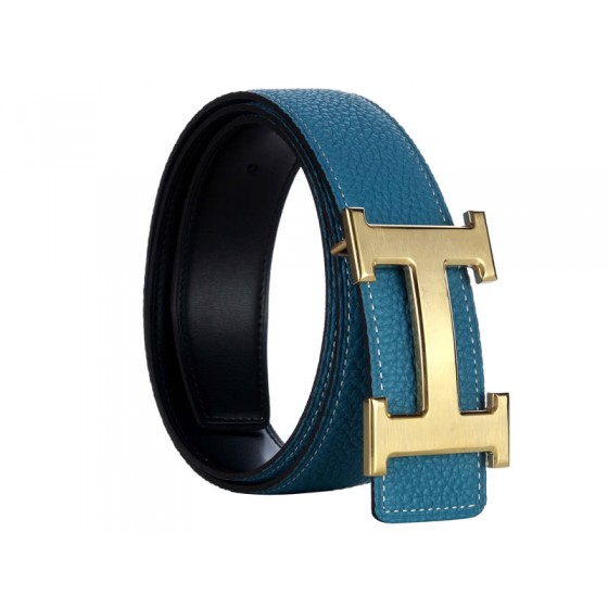 Hermes Togo Leather Belt With Gold H Buckle Blue Black