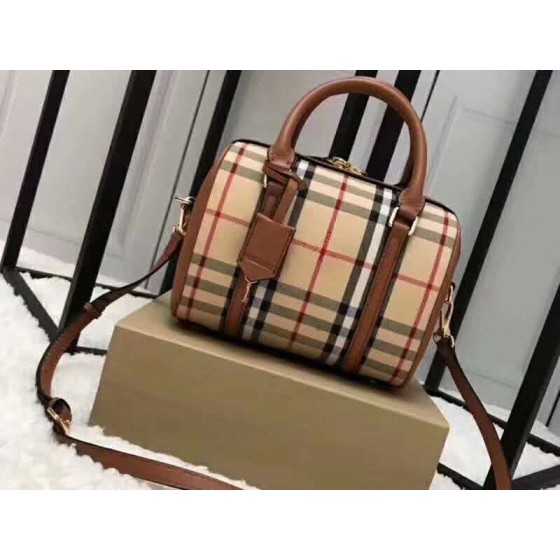 Burberry Boston Bag In Vintage Check And Leather Brown