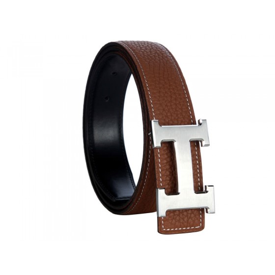 Hermes Togo Leather Belt With Silver H Buckle Brown