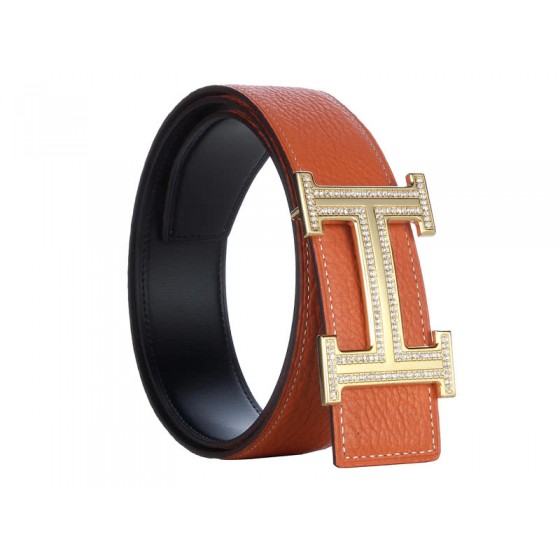 Hermes Togo Leather Gold H Buckle Belt With Diamond Mount Orange