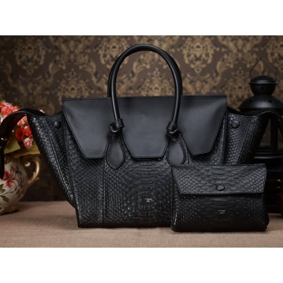Celine Tie Nano Top Handle Bag Leather Black Python