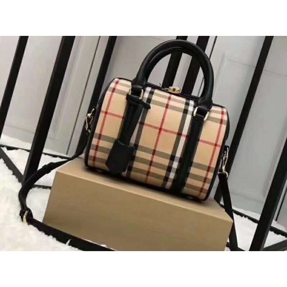 Burberry Boston Bag In Vintage Check And Leather Black