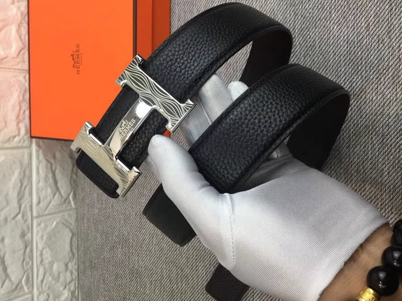Hermes Shiny Silver H Belt Buckle & Reversible Leather Strap Black 1