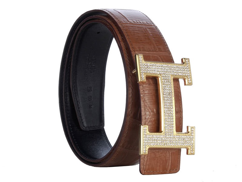 Hermes Crocodile Leather Gold H Buckle Belt With Diamond Brown 1