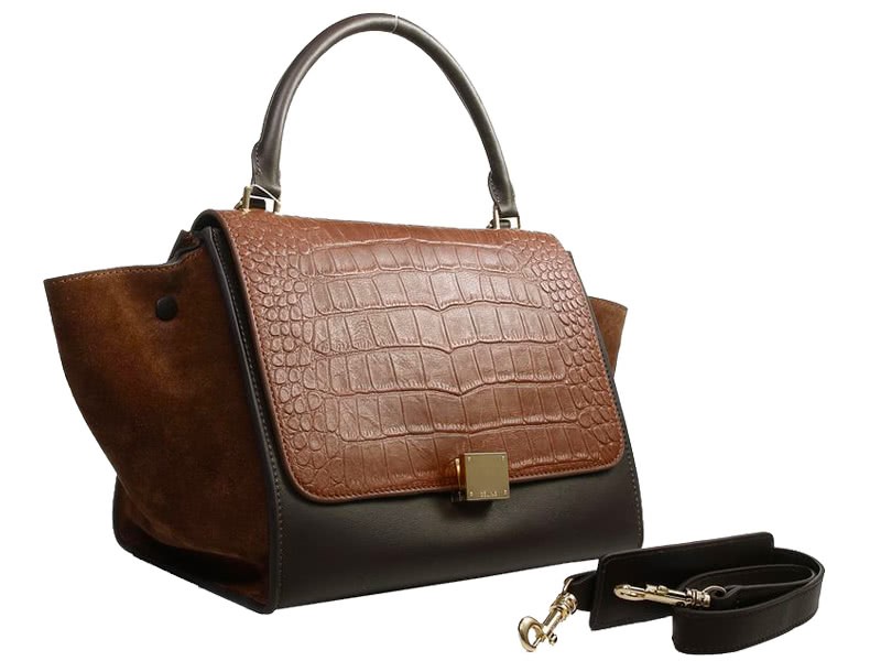 Celine Trapeze Shoulder Bag Multicolor Croc Leather Dark Brown Khaki Suede Brown 2
