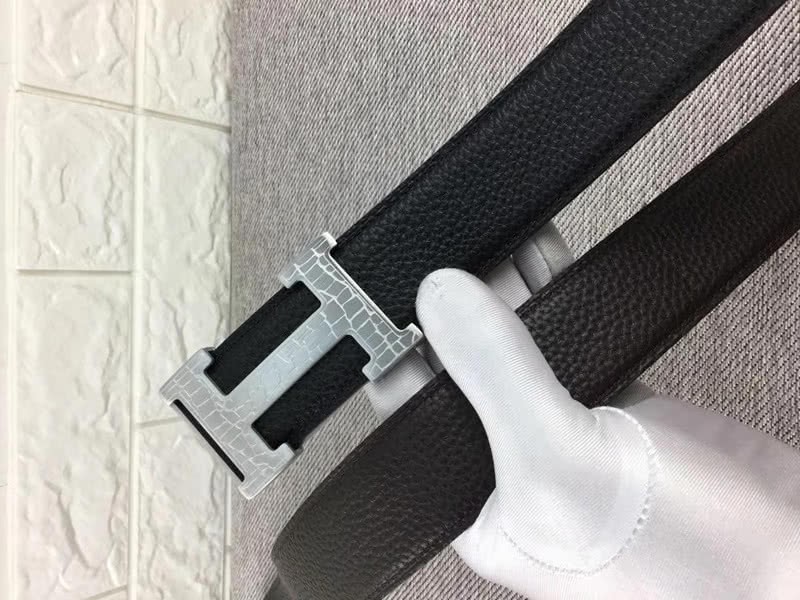 Hermes Silver H Belt Buckle & Reversible Leather Strap Black 2