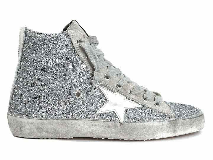 GGDB Sneakers FRANCY fabric embroidered with Glitter and Leather Star SILVER MOON 1