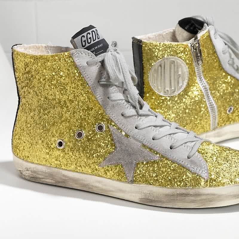 Golden Goose Sneakers FRANCY in pelle splamata all over Glitter e Stella in Camoscio lime glitter 4