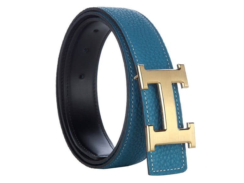 Hermes Togo Leather Wide Belt With Gold H Buckle Blue 1