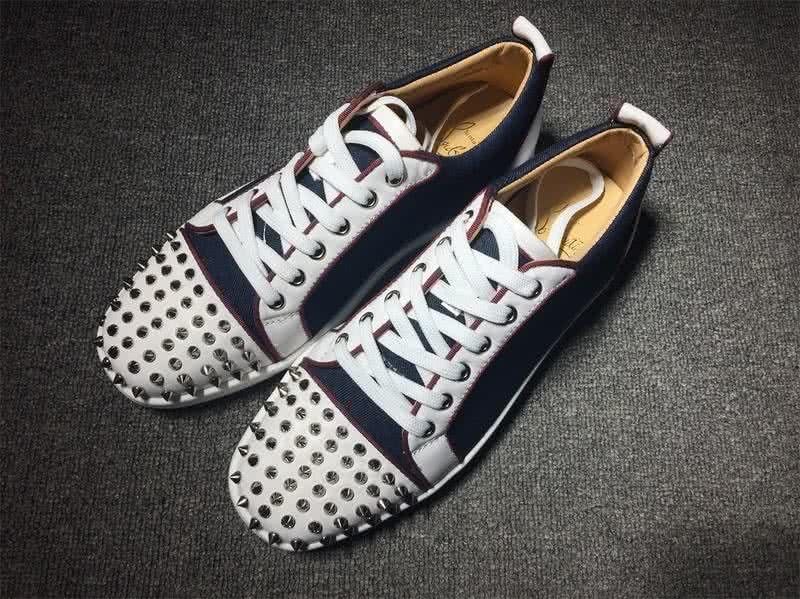 Christian Louboutin Low Top Lace-up Navy Blue Fabric White Leather And Rivets On Toe Cap 1
