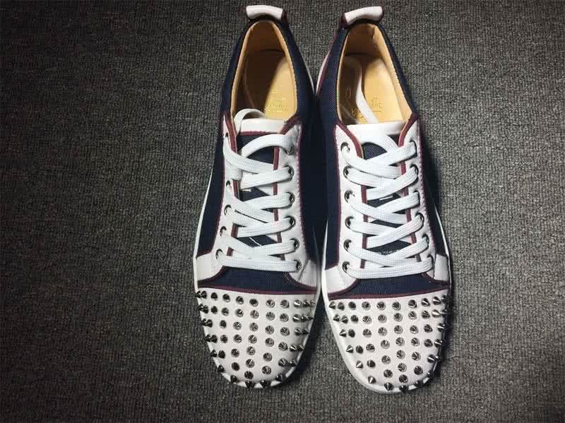 Christian Louboutin Low Top Lace-up Navy Blue Fabric White Leather And Rivets On Toe Cap 2