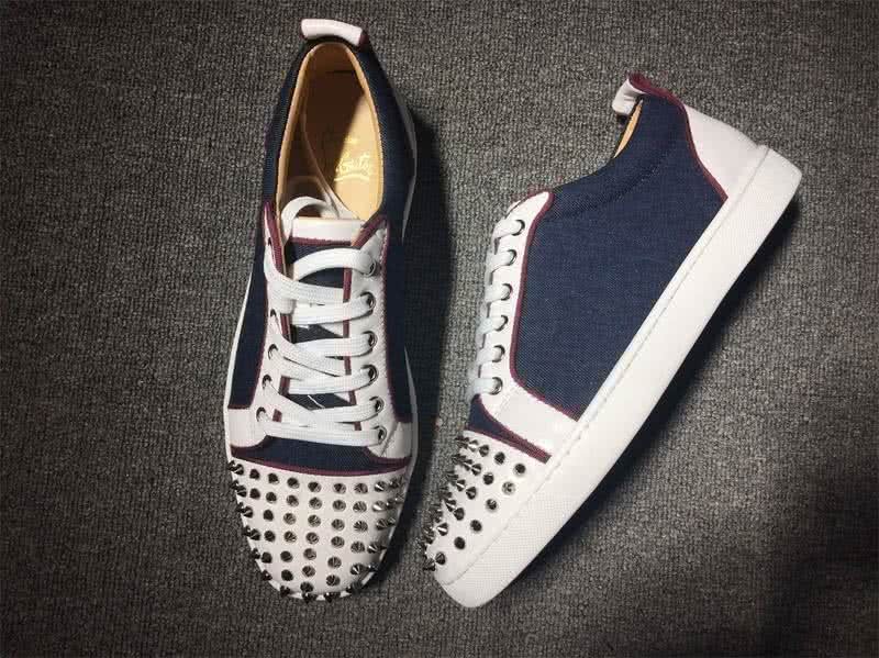 Christian Louboutin Low Top Lace-up Navy Blue Fabric White Leather And Rivets On Toe Cap 3
