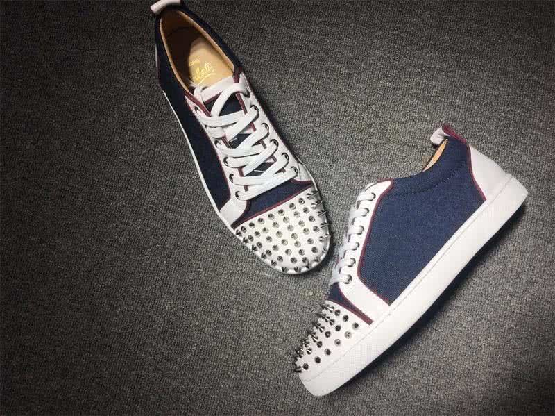 Christian Louboutin Low Top Lace-up Navy Blue Fabric White Leather And Rivets On Toe Cap 4