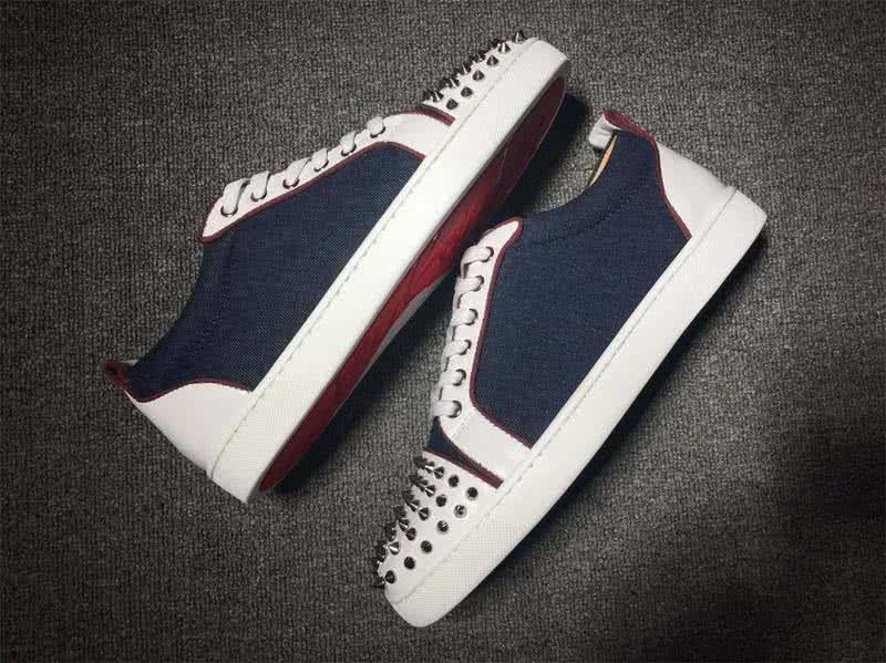 Christian Louboutin Low Top Lace-up Navy Blue Fabric White Leather And Rivets On Toe Cap 5