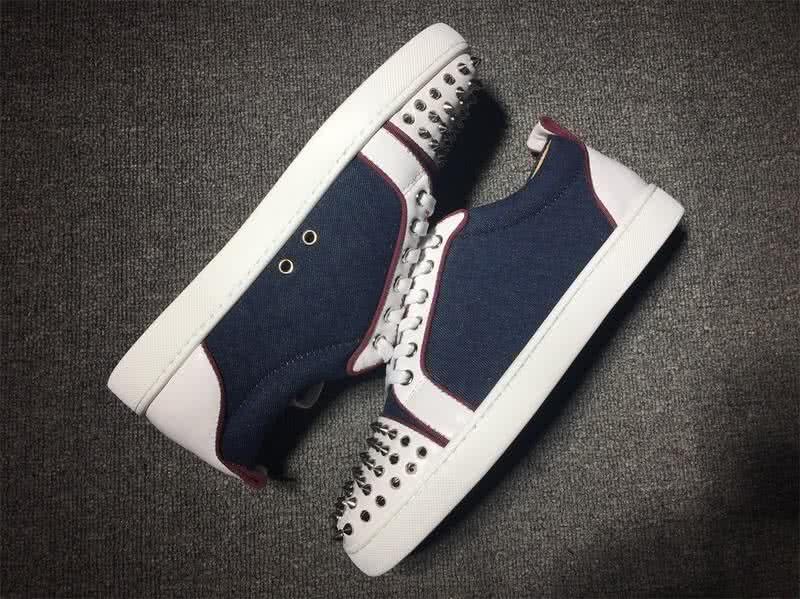 Christian Louboutin Low Top Lace-up Navy Blue Fabric White Leather And Rivets On Toe Cap 6