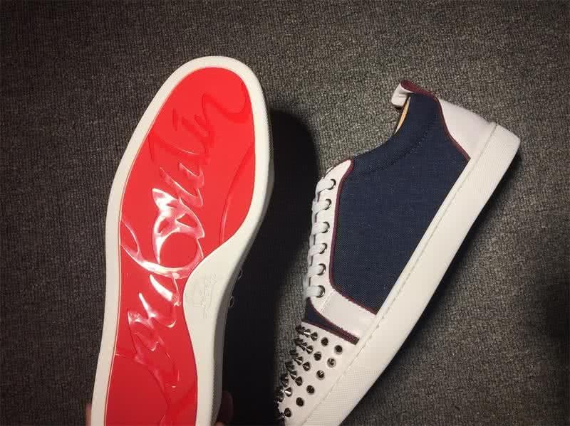 Christian Louboutin Low Top Lace-up Navy Blue Fabric White Leather And Rivets On Toe Cap 7