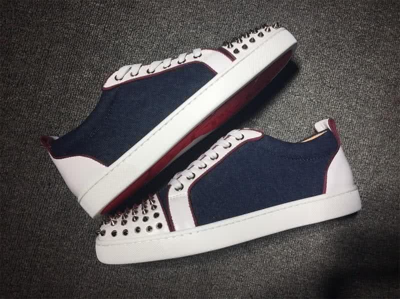 Christian Louboutin Low Top Lace-up Navy Blue Fabric White Leather And Rivets On Toe Cap 8