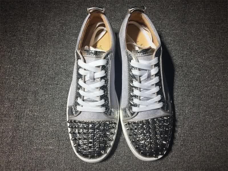 Christian Louboutin Low Top Lace-up Grey Fabric Silver Rivets On Toe Cap 2