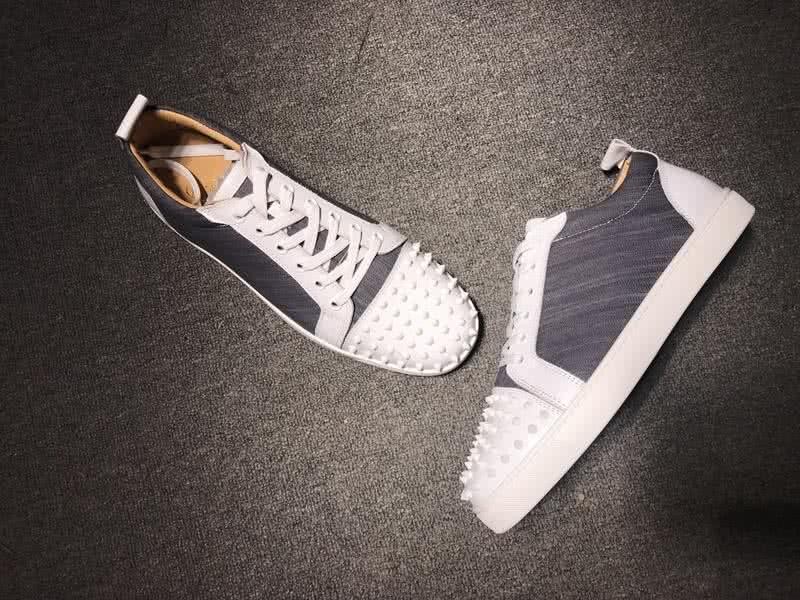 Christian Louboutin Low Top Lace-up Grey Fabric White Leather And Rivets On Toe Cap 4