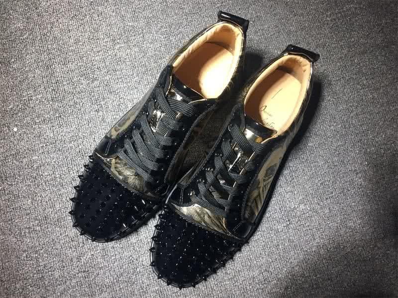 Christian Louboutin Low Top Lace-up Black Patent Leather Golden Light Floral And Rivets On Toe Cap 1