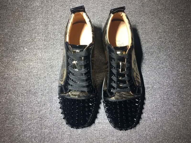 Christian Louboutin Low Top Lace-up Black Patent Leather Golden Light Floral And Rivets On Toe Cap 2