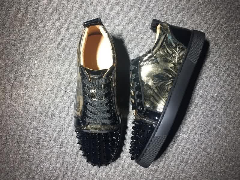Christian Louboutin Low Top Lace-up Black Patent Leather Golden Light Floral And Rivets On Toe Cap 3
