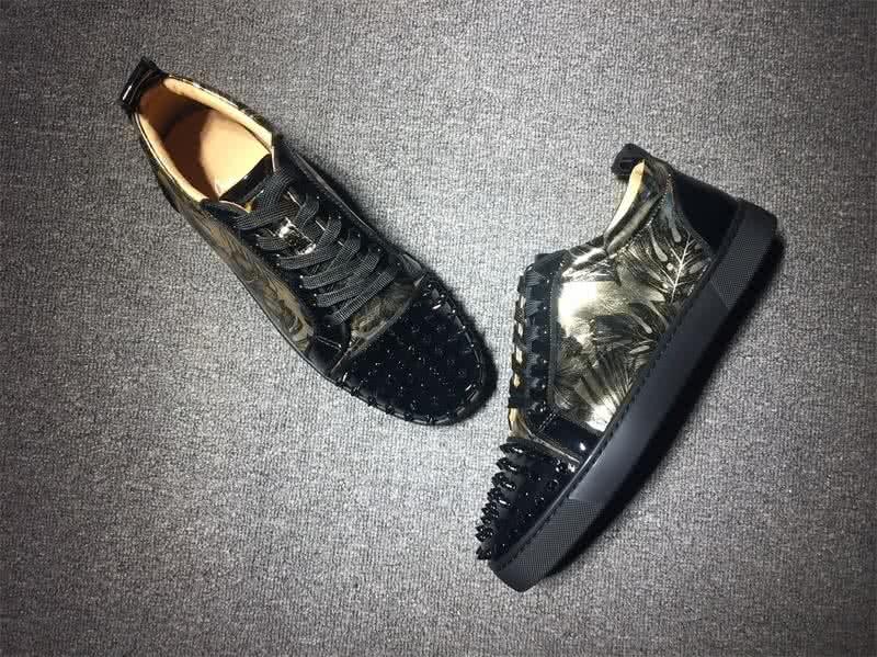 Christian Louboutin Low Top Lace-up Black Patent Leather Golden Light Floral And Rivets On Toe Cap 4