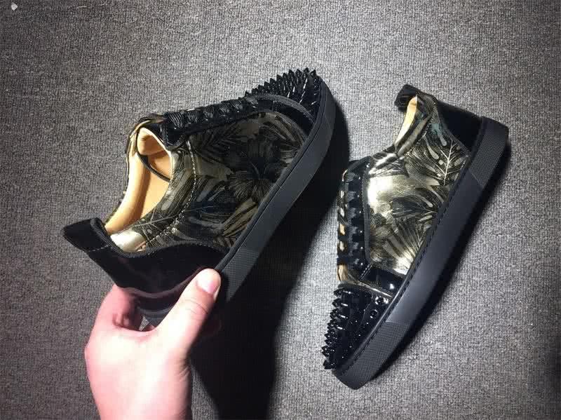Christian Louboutin Low Top Lace-up Black Patent Leather Golden Light Floral And Rivets On Toe Cap 7