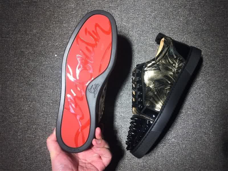 Christian Louboutin Low Top Lace-up Black Patent Leather Golden Light Floral And Rivets On Toe Cap 8
