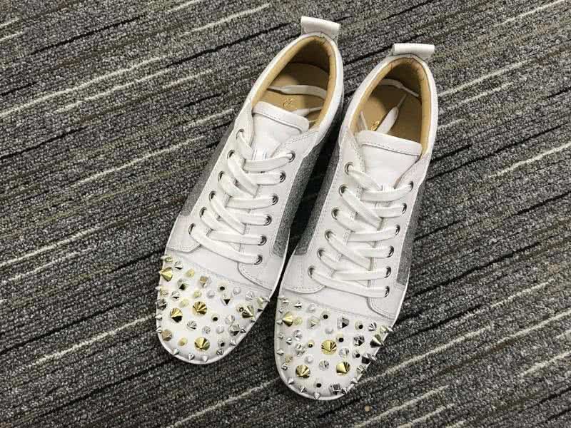 Christian Louboutin Low Top Lace-up White And Silver Upper Rivets On Toe Cap And Rhinestone 1