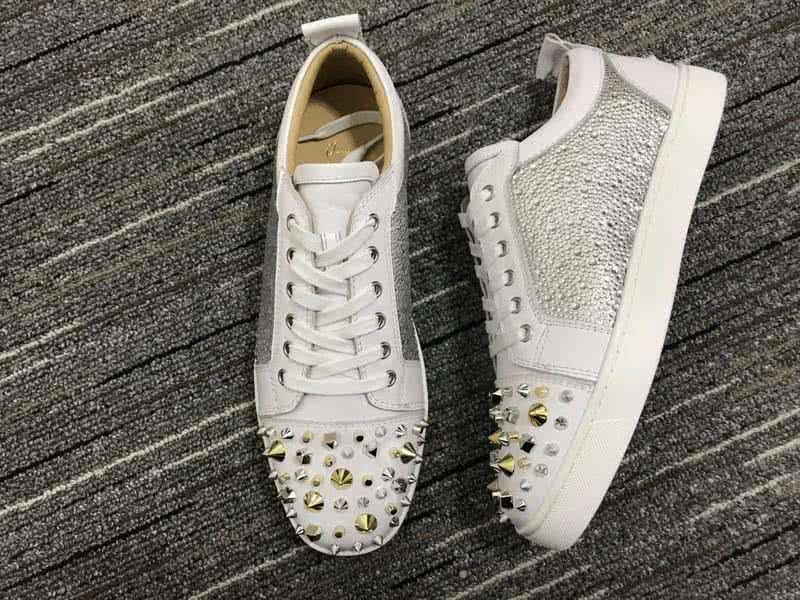 Christian Louboutin Low Top Lace-up White And Silver Upper Rivets On Toe Cap And Rhinestone 3