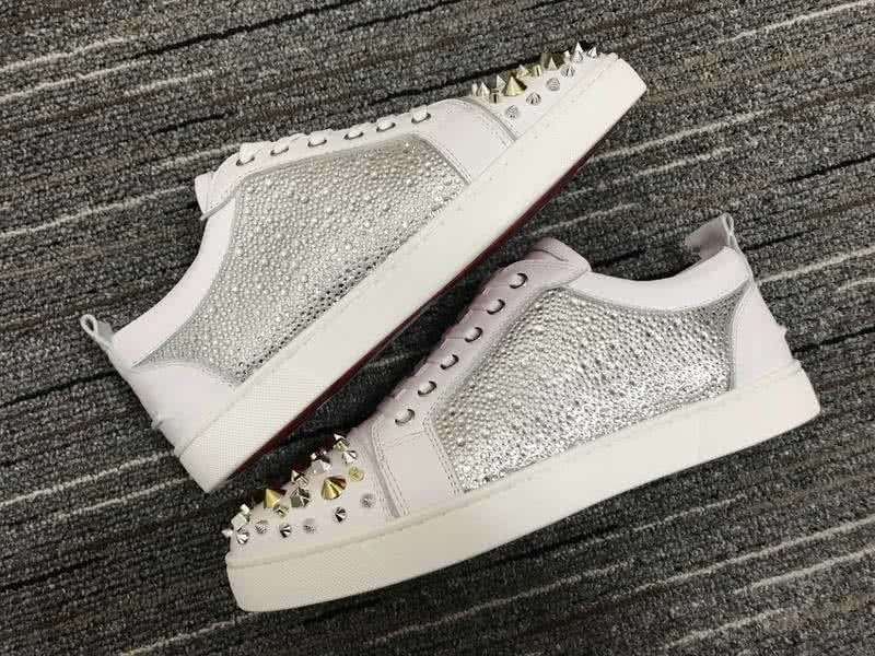 Christian Louboutin Low Top Lace-up White And Silver Upper Rivets On Toe Cap And Rhinestone 9