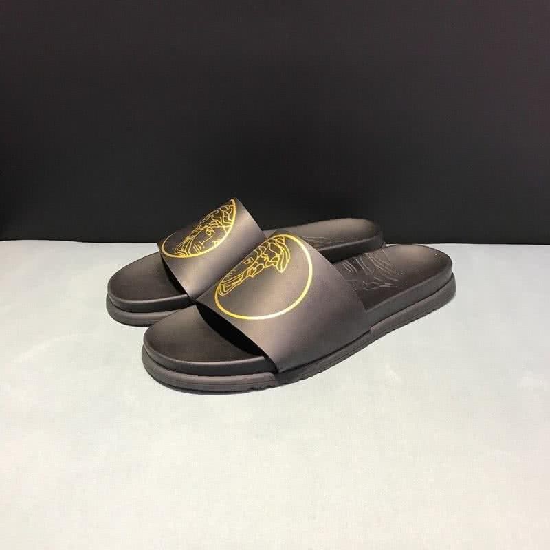 Versace Top Quality Slippers Cowhide  Black And Yellow Men 3