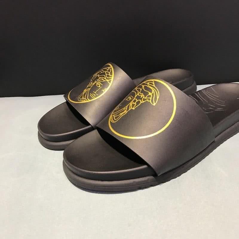Versace Top Quality Slippers Cowhide  Black And Yellow Men 6