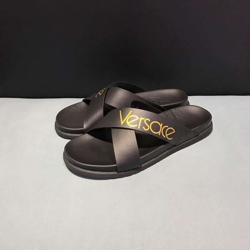Versace New Cross Strap Slippers Cowhide Black Men  3