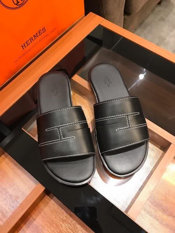 Hermes Fashion Comfortable Slipper Cowhide Black Men 1