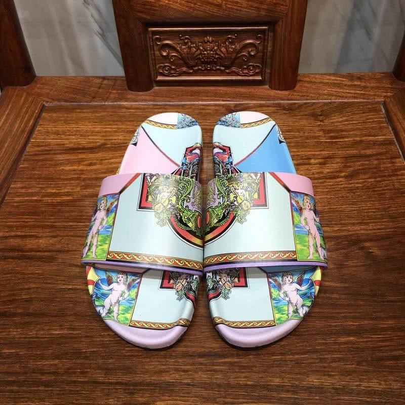 Versace Fashion Slippers Cowhide Pattern White Pink And Blue Men 2