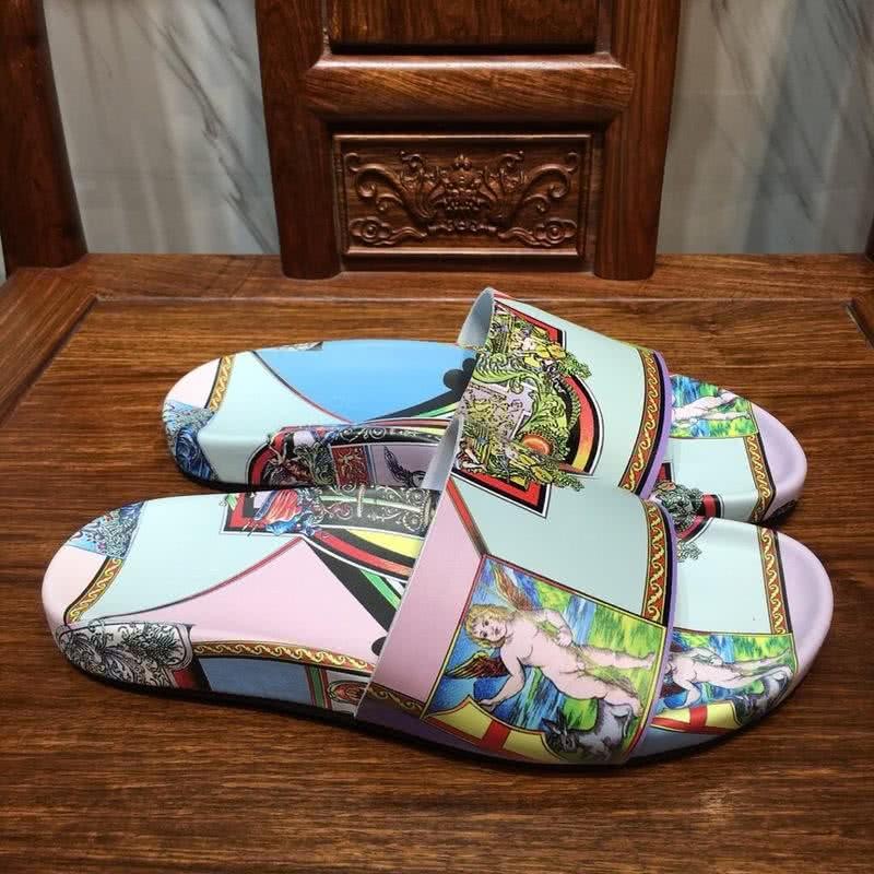 Versace Fashion Slippers Cowhide Pattern White Pink And Blue Men 4