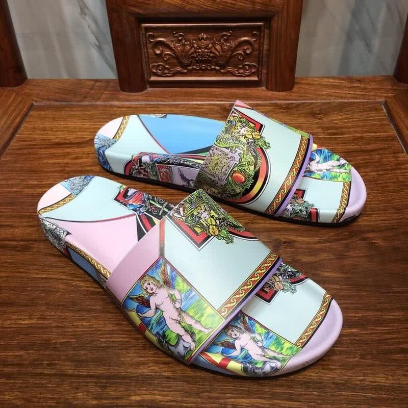 Versace Fashion Slippers Cowhide Pattern White Pink And Blue Men 5
