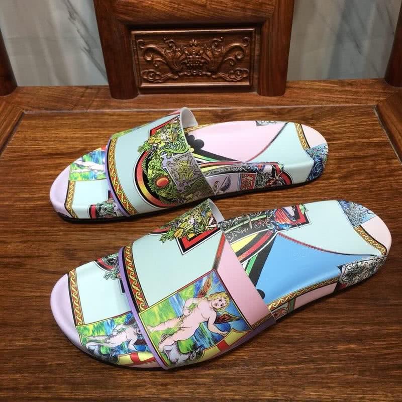 Versace Fashion Slippers Cowhide Pattern White Pink And Blue Men 6