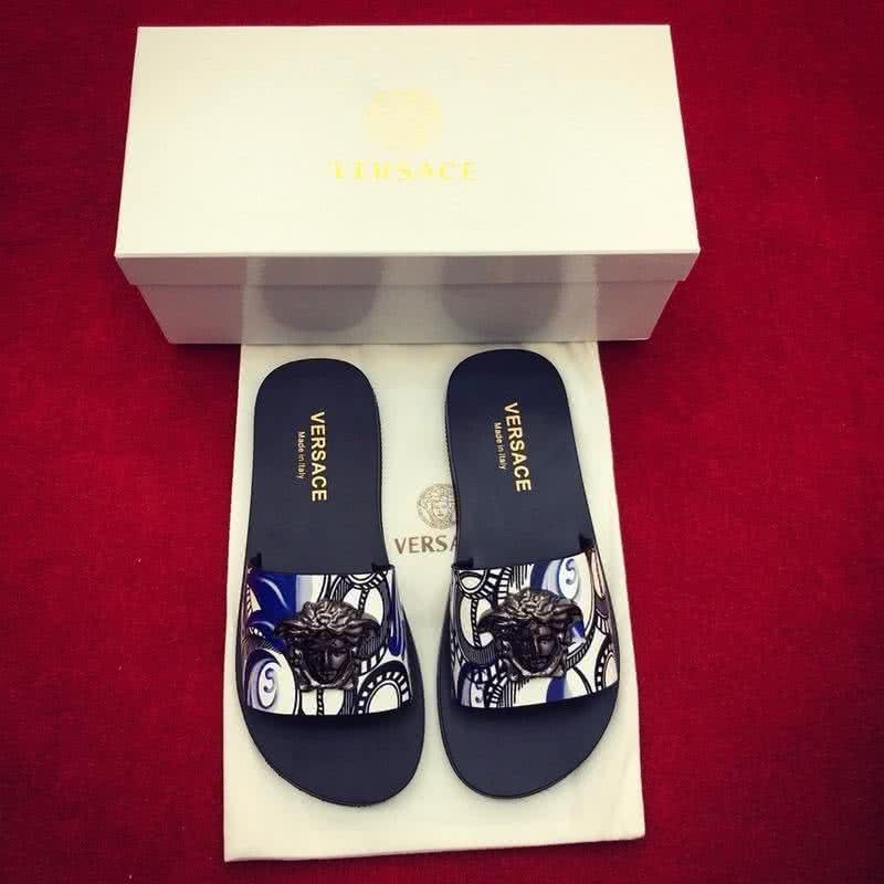 Versace New Fashion Slippers Cowhide Black White And Blue Men 5