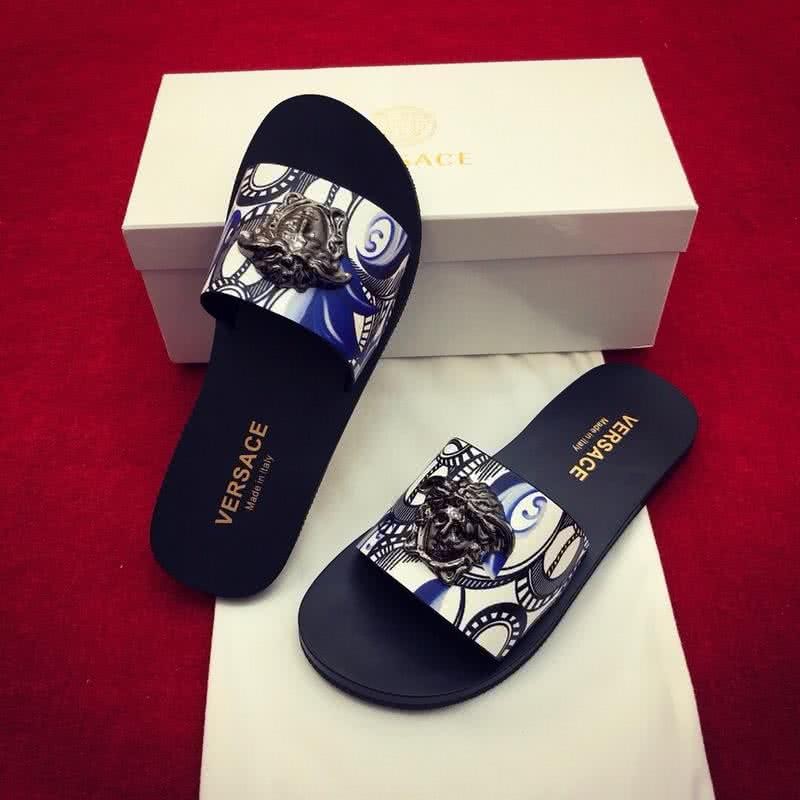 Versace New Fashion Slippers Cowhide Black White And Blue Men 3